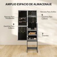 HOMCOM Espejo Joyero con Luces LED Armario para Joyas Armario Joyero de Pie con Espejo Entero Ángulo Ajustable Gris(m-4)