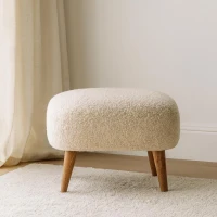 Solid Mango Wood Bouclé Square Footstool with Space-Saving Profile, Upholstered Footstool with Nordic Slim Legs, 40L x 40W x 35H cm, Brown(m-1)