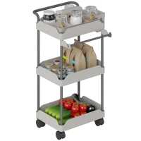 HOMCOM Carrinho Auxiliar com Rodas de 3 Níveis com Cestos Extraíveis Suporte para Toalhas e Estrutura de Metal 42x42,5x76 cm Cinza(m-6)