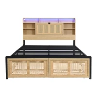 4ft6 Wooden Double Bed with LED Strip Light and Headboard Storage, Storage Bed with Charging Port, 208L x 137.5W x 104.5H cm, Natural+Black(m-2)