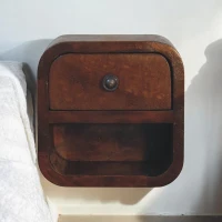 Solid Mango Wood Extra-Mini Curved Bedside Table with Open Shelf, Bedside Cabinet with Robust Steel Frame, 17L x 20W x 20H cm, Brown(m-1)