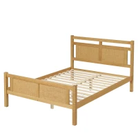 4ft6 Double Bed with Natural Timber Finish and MDF Back Panel, Upholstered Bed with Sturdy Plywood Slats, 199L x 142W x 98H cm, Natural(m-10)