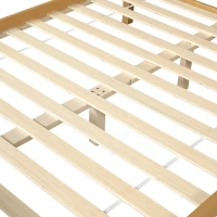 4ft6 Double Bed with Natural Timber Finish and MDF Back Panel, Upholstered Bed with Sturdy Plywood Slats, 199L x 142W x 98H cm, Natural(m-9)