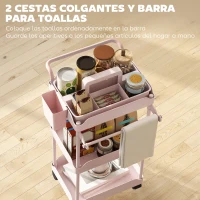 HOMCOM Carrito Auxiliar con Ruedas de 3 Niveles Carrito de Cocina con Cestas Extraíbles y Soporte para Toallas Rosa(m-5)