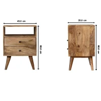 Solid Mango Wood Bedside Table with 2 Smooth‑Gliding Drawers and Open Shelf, Hand‑Finished Desk with Durable Storage, 35L x 45W x 60H cm, Brown(m-3)