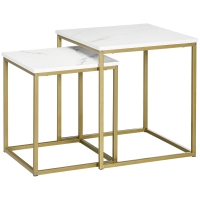 HOMCOM Conjunto de 2 Mesas de Centro Ninho Quadradas Estilo Art Déco Aço Dourado Painéis Efeito Mármore Branco