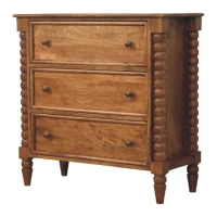 Solid Mango Wood Spindle Chest with 3 Drawers and Turned Spindle Legs, Bedside Cabinet with Ample Storage, 35L x 80W x 80H cm, Brown(m-8)
