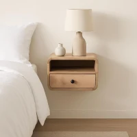 Solid Mango Wood Wall-Mounted Mini Bedside Table with Open Slot and Drawer, Space-Saving Desk with Curved Design, 25L x 30W x 25H cm, Brown(m-1)