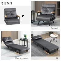 HOMCOM Fauteuil convertible 1 place fauteuil-lit chauffeuse 3 en 1 dossier réglable oreiller tissu velours 63x73x81cm gris(m-4)