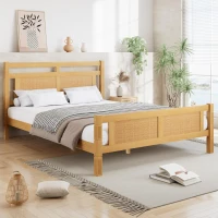 4ft6 Double Bed with Natural Timber Finish and MDF Back Panel, Upholstered Bed with Sturdy Plywood Slats, 199L x 142W x 98H cm, Natural(m-1)