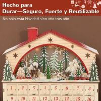 HOMCOM Calendario de Adviento para Rellenar de Madera con Luces LED 24 Cajones y Escena de Pueblo 36x10x34 cm Natural(m-7)