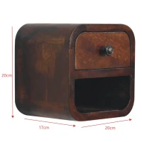 Solid Mango Wood Extra-Mini Curved Bedside Table with Open Shelf, Bedside Cabinet with Robust Steel Frame, 17L x 20W x 20H cm, Brown(m-3)