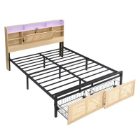 4ft6 Wooden Double Bed with LED Strip Light and Headboard Storage, Storage Bed with Charging Port, 208L x 137.5W x 104.5H cm, Natural+Black(m-10)