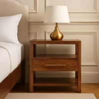 Caldera Solid Mango Wood Bedside Table with Drawer and Shelf, Bedside Cabinet with Hand-finished Design, 35L x 55W x 55H cm, Brown(m-1)