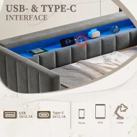 Space-Saving Pull-Out Double Bed with USB Type-C Charging and LED Lighting, Sleeper Sofa with Sturdy Wood, 201L x 100W x 73H cm, Dark Gray(m-7)