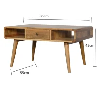 Solid Mango Wood Curved Coffee Table with 2 Drawers and 2 Open Compartments, Desk with Clear Natural Finish, 55L x 85W x 45H cm, Brown(m-3)