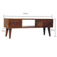 Solid Mango Wood Coffee Table with Deep Stain Finish, 2 Drawers and Open Shelf, Handcrafted Desk for Living Room, 30L x 100W x 38H cm, Brown(m-3)