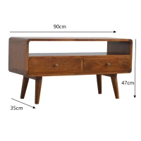 Solid Mango Wood Curved Media Unit with 2 Smooth-Gliding Drawers and Open Shelf, Table for Ample Storage, 35L x 90W x 47H cm, Brown(m-3)