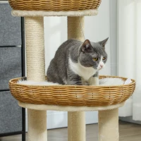 PawHut Arranhador para Gatos Árvore de Escalada Altura 75,5 cm com 2 Caminhas em Rattan Postes para Arranhar Almofadas Laváveis Bege(m-4)