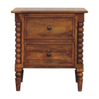 Solid Mango Wood Spindle-Leg Bedside Table with 2 Smooth-Gliding Drawers, Ample Storage, Desk for Living Room, 40L x 55W x 60H cm, Brown(m-2)