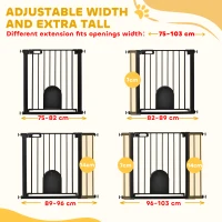 PawHut Dog Gate with Cat Flap Pet Safety Gate Barrier, Stair Pressure Fit, Auto Close, Double Locking, for Doorways, Hallways, 75-103 cm Black(m-7)