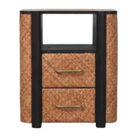Solid Mango Wood Curved-Edge Rattan Bedside Table with 2 Drawers, Bedside Cabinet with Open Shelf, 40L x 50W x 60H cm, Brown(m-2)