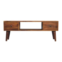 Solid Mango Wood Coffee Table with Deep Stain Finish, 2 Drawers and Open Shelf, Handcrafted Desk for Living Room, 30L x 100W x 38H cm, Brown(m-2)
