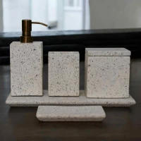 5-Piece Marble Bathroom Accessory Set with Timeless Design, Hand-finished Artisan Pieces with Versatile Styling, 7.5L x 7.5W x 19H cm, White(m-1)
