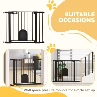 PawHut Dog Gate with Cat Flap Pet Safety Gate Barrier, Stair Pressure Fit, Auto Close, Double Locking, for Doorways, Hallways, 75-103 cm Black(m-8)