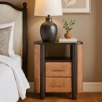 Solid Mango Wood Curved-Edge Rattan Bedside Table with 2 Drawers, Bedside Cabinet with Open Shelf, 40L x 50W x 60H cm, Brown(m-1)