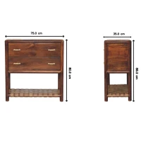 Solid Mango Wood Bedside Table with Regency‑Style Woven Detailing, Desk with 2 Smooth‑Gliding Drawers and Open Shelf, 35L x 75W x 80H cm, Brown(m-3)