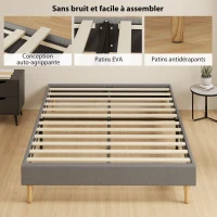 HOMCOM Cadre de lit 140 x 190 cm avec sommier à lattes en bois, lit double rembourré en velours côtelé, gris(m-7)