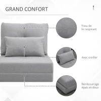 HOMCOM Chauffeuse canapé-lit convertible fauteuil 1 place avec 1 coussin avec dossier réglable, gris clair(m-6)