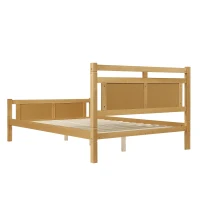 4ft6 Double Bed with Natural Timber Finish and MDF Back Panel, Upholstered Bed with Sturdy Plywood Slats, 199L x 142W x 98H cm, Natural(m-12)