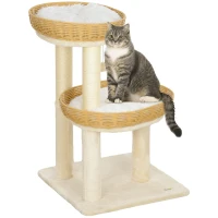 PawHut Arranhador para Gatos Árvore de Escalada Altura 75,5 cm com 2 Caminhas em Rattan Postes para Arranhar Almofadas Laváveis Bege(m-7)