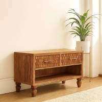 Solid Wood Shoe Storage Unit with Acid‑Wash Distressed Finish, Shoe Cabinet with 2 Smooth‑Glide Drawers, 35L x 87W x 55H cm, Brown