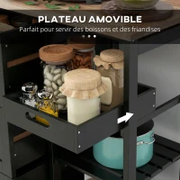 HOMCOM Chariot desserte de cuisine à roulettes plan de travail en bois 3 tiroirs et 1 plateau amovible 67 x 37 x 85,5 cm noir(m-5)