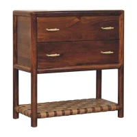 Solid Mango Wood Bedside Table with Regency‑Style Woven Detailing, Desk with 2 Smooth‑Gliding Drawers and Open Shelf, 35L x 75W x 80H cm, Brown(m-6)