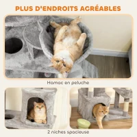 PawHut Arbre à chat tour de jeux 7 poteaux à griffer 3 platesformes 2 niches tunnel hamac et 2 pompons 170 cm gris foncé(m-7)