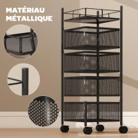HOMCOM Desserte de cuisine à roulettes à 5 niveaux, chariot de rangement 4 paniers rotatifs, étagère, 27,5x27,5x77cm, noir(m-7)