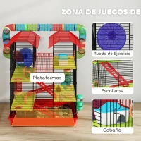PawHut Jaula para Hámster de 5 Niveles 47x30x59 cm con Túnel Comedero Bebedero Casita Rueda de Ejercicio Escaleras Rojo(m-4)