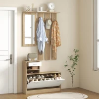 HOMCOM Mobile Appendiabiti 3 in 1 con Scarpiera e Specchio, Ganci e Cassetti, in Legno, 90x24x177 cm, Bianco e Quercia(m-7)