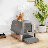 PawHut Caixa de Areia Fechada Casa de Banheiro para Gato Aço Inox Tampa Pedal Anti-Dispersão 60x40x38cm Cinza Escuro(m-6)