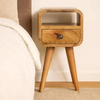 Solid Mango Wood Mini Curved Bedside with Spacious Drawer and Open Slot, Table with Space-saving Storage, 20L x 20W x 40H cm, Brown(m-1)