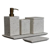 5-Piece Marble Bathroom Accessory Set with Timeless Design, Hand-finished Artisan Pieces with Versatile Styling, 7.5L x 7.5W x 19H cm, White(m-9)