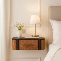 Handcrafted Solid Wood Wall-Mounted Bedside Drawer with Spacious Drawer, Bedside Table with Bronze Metal Accent, 32L x 50W x 18H cm, Brown(m-1)