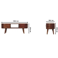 Round Solid Mango Wood Media Unit with 2 Smooth-Gliding Drawers and Open Shelf, Stand for TV and Media, 30L x 100W x 37H cm, Brown(m-3)