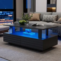 Modern Coffee Table with App-Controlled LED, 2-Drawer and Open Storage, Centre Table with USB-Powered, 100L x 50W x 42.5H cm, Black(m-6)