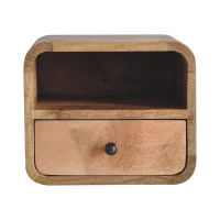 Solid Mango Wood Wall-Mounted Mini Bedside Table with Open Slot and Drawer, Space-Saving Desk with Curved Design, 25L x 30W x 25H cm, Brown(m-2)