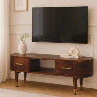 Solid Mango Wood Open-Slot Media Unit with Hand-Finished Detailing, TV Unit with Smooth-Gliding Drawers, 30L x 100W x 40H cm, Brown(m-1)
